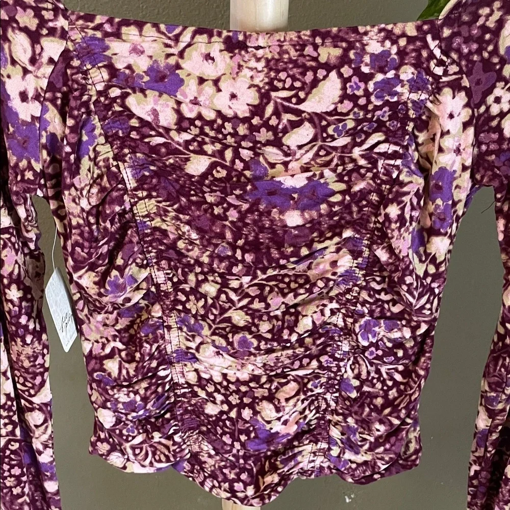 Free People Purple Floral Blouse with Black Lace
